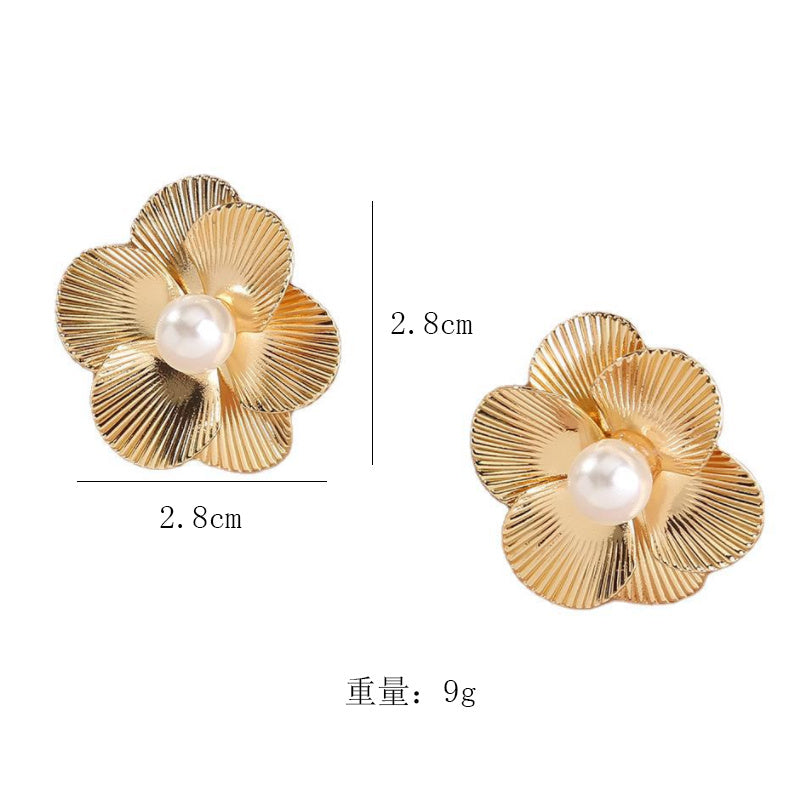 Metal Pearls Six-petal Flowers Ear Studs