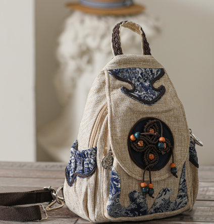 Bolsa tejida de artesanía artística de estilo Retro, bolsa de pecho de lona de doble uso, cómoda y con cremallera múltiple