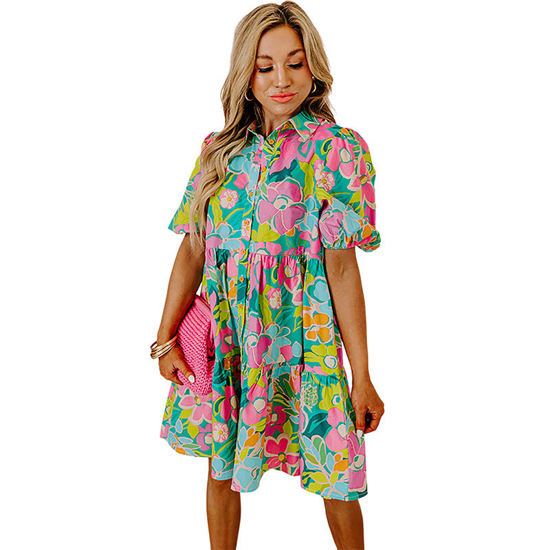 Summer Floral Print Puff Sleeve Dress