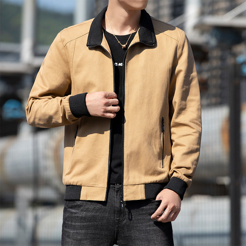 Autumn Short Stand Collar Jacket Casual Zip Coat Men's Korean Trendy Workwear Men's Black Wear-resistant