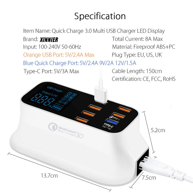 Estación de carga USB inteligente ordinaria Quick Charge 3.0