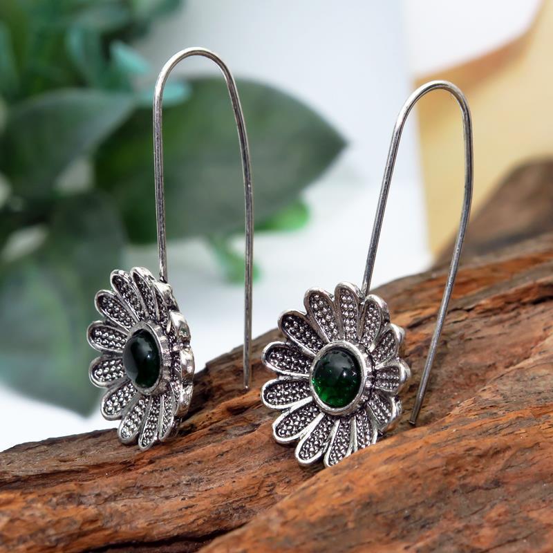 Ancient Silver Lotus Emerald Earrings