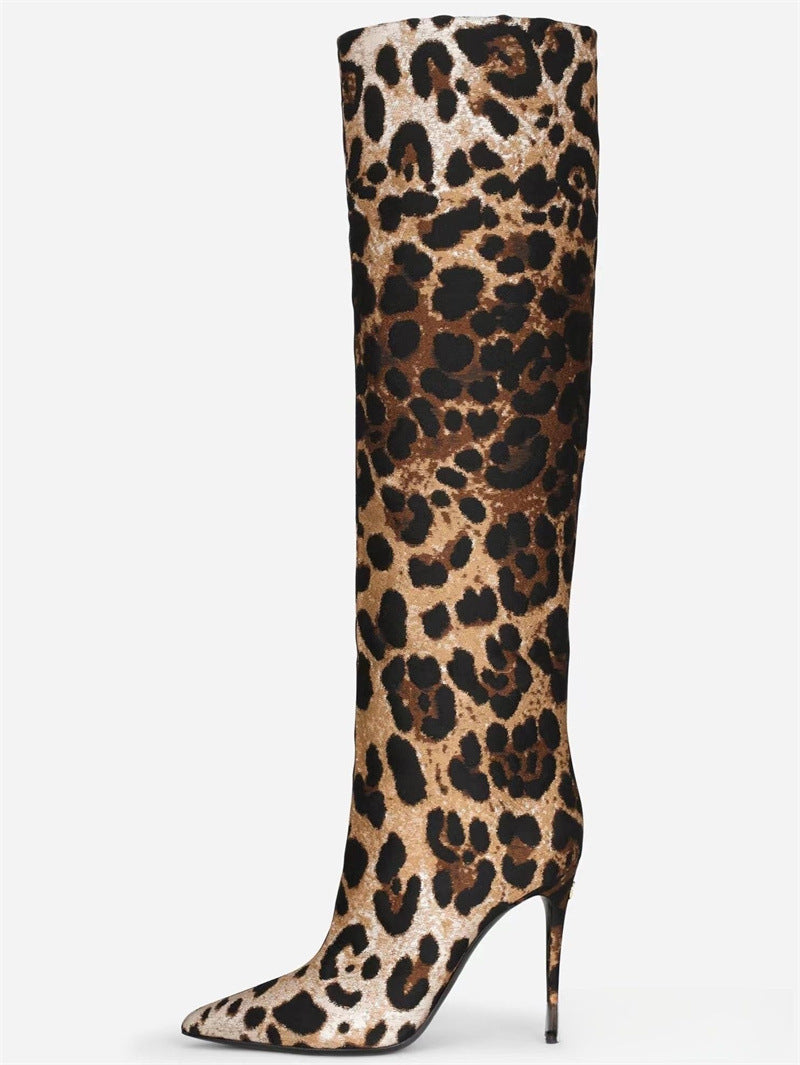 Botas con estampado de leopardo y tacón de aguja puntiagudo a la moda para mujer