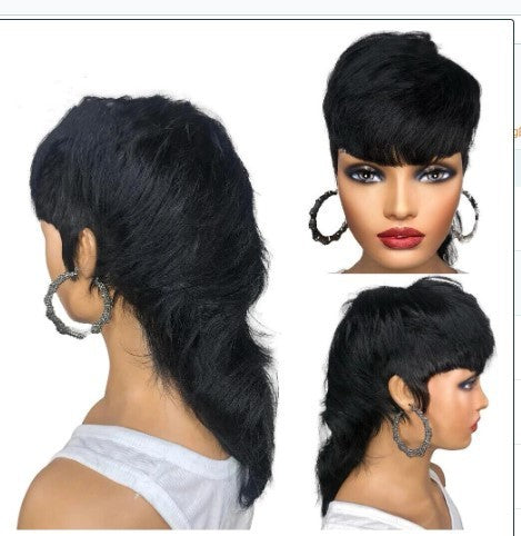 Short Hair Black Chemical Fiber Synthetic Mechanism Wig Fishtail