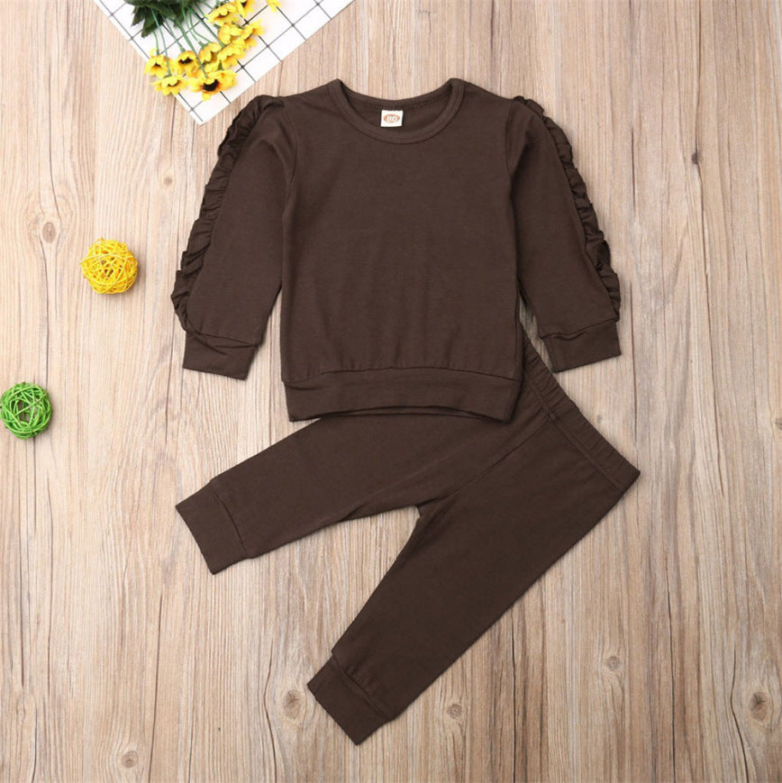 Jersey con volantes para bebés recién nacidos, sudadera de manga larga lisa, Tops, pantalones, conjuntos de 2 uds., ropa de otoño