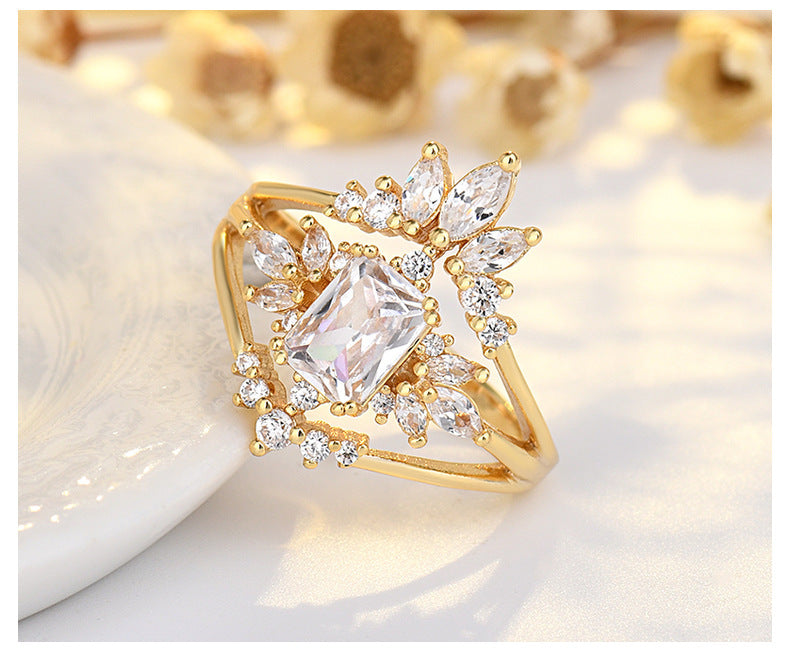 Light Luxury Zircon Water Drops Square Geometric Sterling Silver Ring Fashion Special-interest