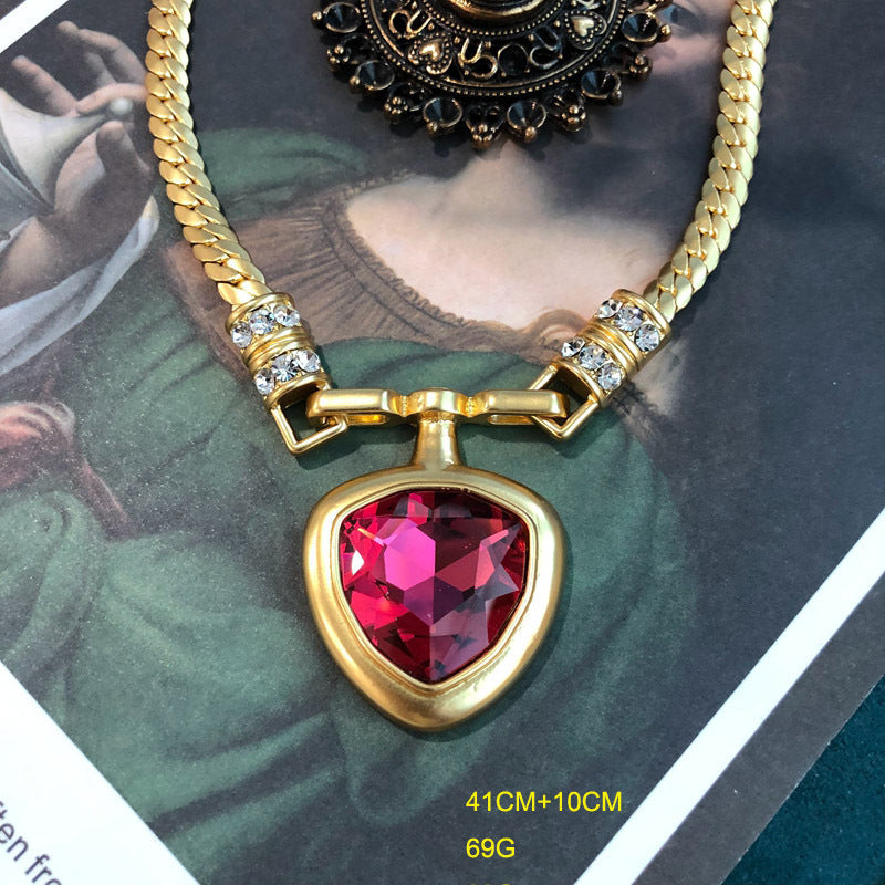 Electroplated Gold Rose Red Chinese Red Green Triangle Shape Temperament Wild Necklace Ear Clip Set