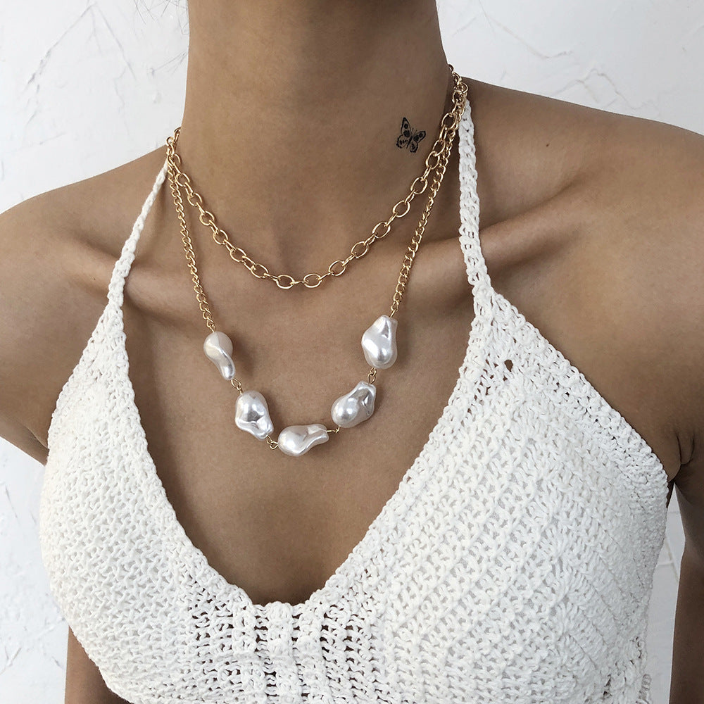 Simple Double-layer Necklace With Special-shaped Pearls