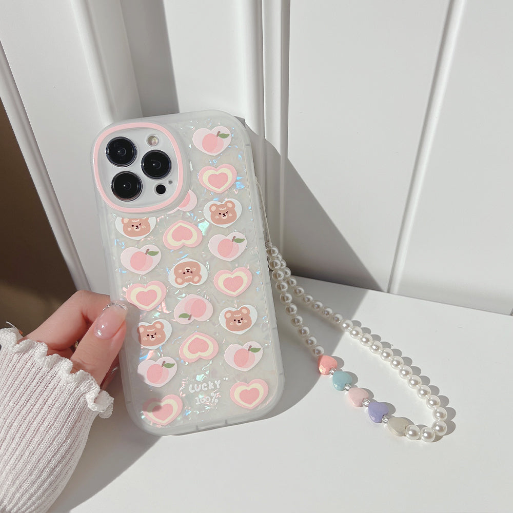 Funda para teléfono con cadena de perlas y osito de amor de melocotón