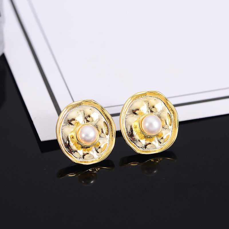 Fashion Trend Earrings Simple Personality Metal Texture Earrings Circle Pearls