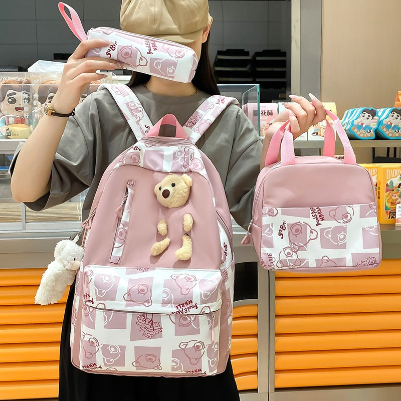 Conjunto de tres piezas de fiambrera con oso bonito para mujer, mochilas escolares para estudiantes de primaria y secundaria