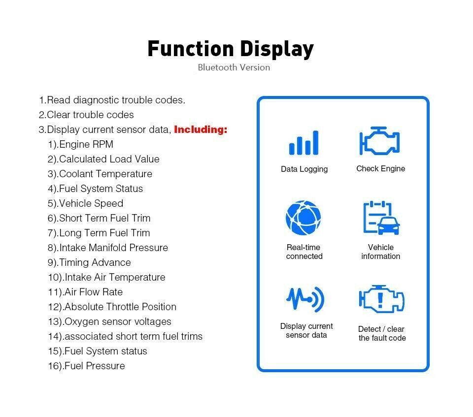 蓝牙 OBD2 OBDII 汽车诊断扫描仪工具检查发动机故障代码读取器