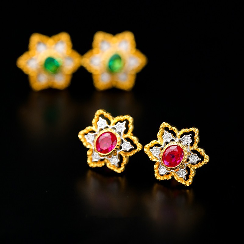 Vintage Ruby Flower Stud Earrings