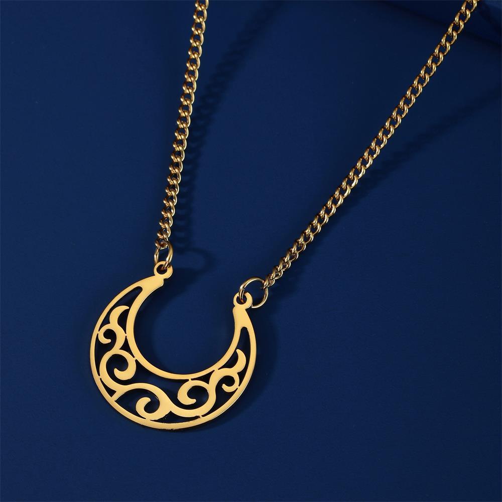 Cut Titanium Steel Hollow Moon Curl Pattern Pendant 18K Real Gold Plated Women's Stainless Steel Necklace