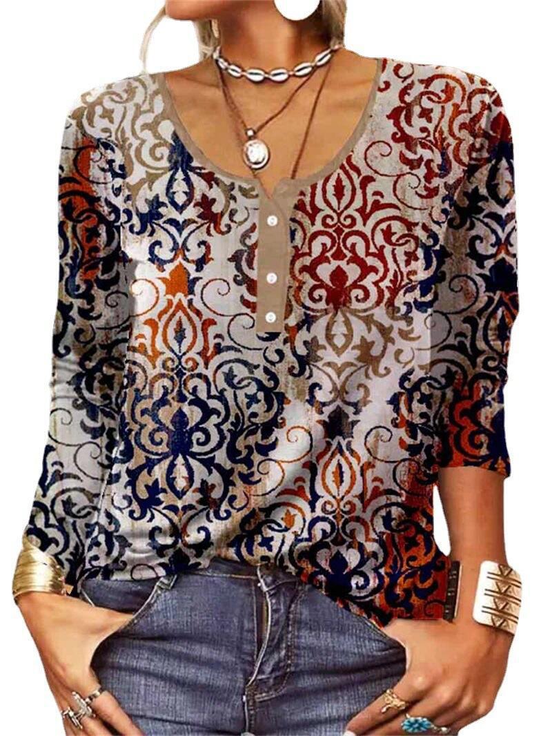 Women's Loose Long-sleeved Geometric Floral U-neck Button T-shirt