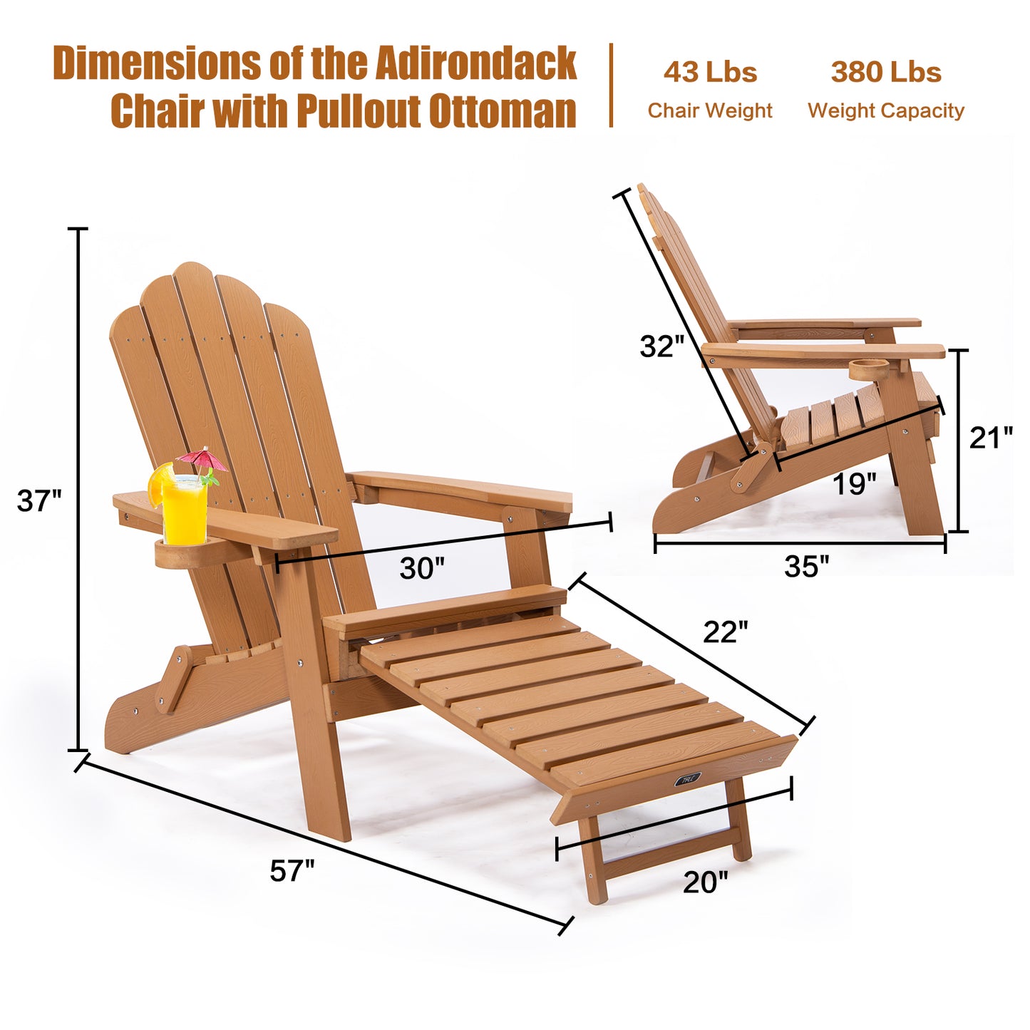 TALE Silla Adirondack plegable con otomana extraíble con portavasos, tamaño amplio, madera de poliéster, para terraza, jardín, muebles de patio trasero, fácil de instalar. Prohibido vender en Amazon