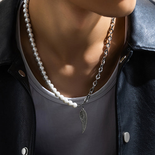 European Hip Hop Stainless Steel Pearl Stitching Necklace