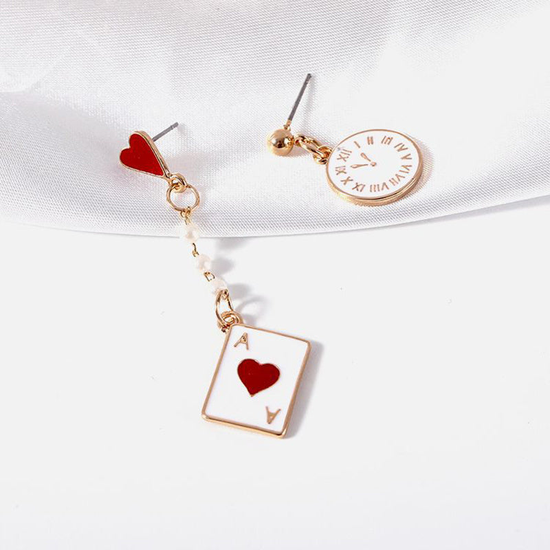 Cartoon Alice Clock Poker Card Ace of Hearts Pearls Asymmetrical Earrings For Women Girls