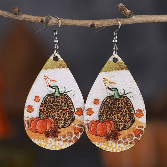 Thanksgiving Leopard Pumpkin Maple Leaf Double-sided Water Drop PU Leather Earrings