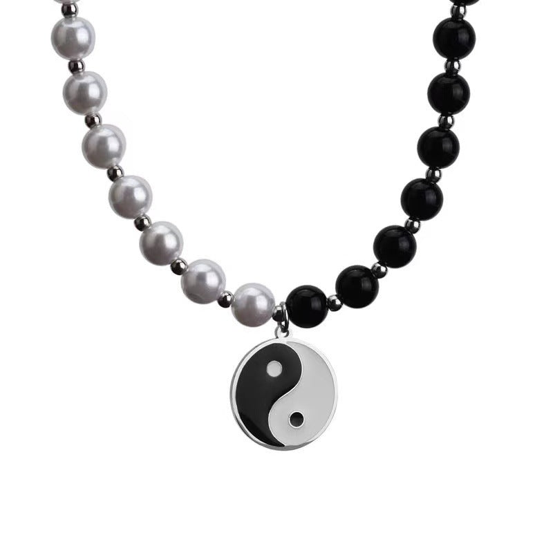 Yin Yang Tai Chi Gossip Pendant Necklace Black And White String Of Pearls