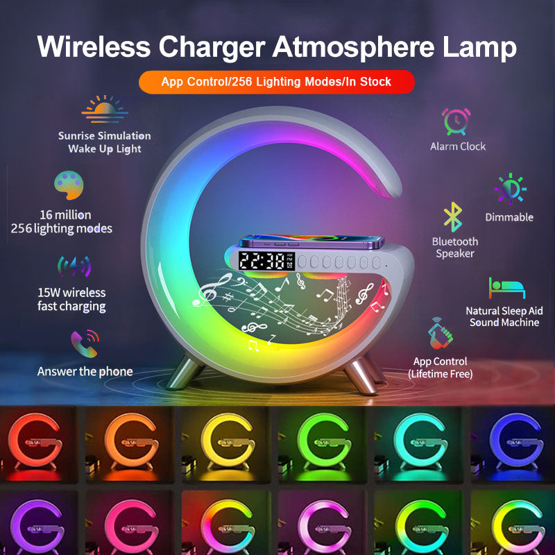 新型智能 G 形 LED 灯蓝牙扬声器无线充电器氛围灯应用程序控制适用于卧室家居装饰