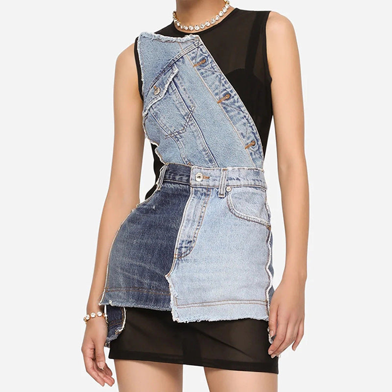 Women's Round Neck Sleeveless Denim Stitching Mesh Zipper Dress