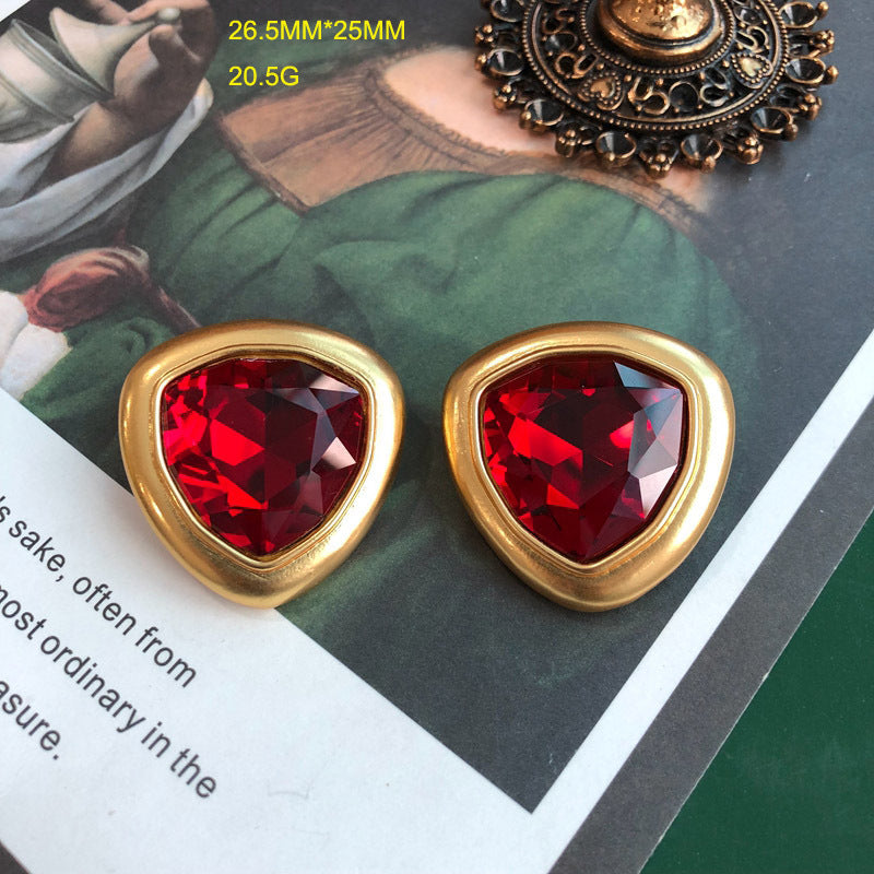 Electroplated Gold Rose Red Chinese Red Green Triangle Shape Temperament Wild Necklace Ear Clip Set