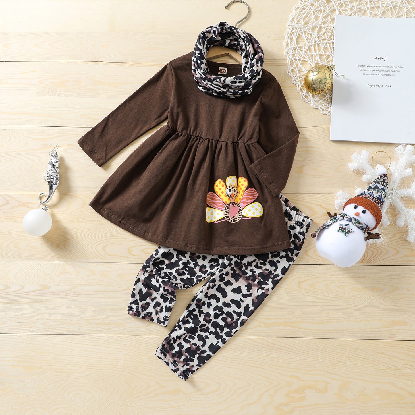 Autumn Young And Little Girls Suit European And American Thanksgiving Suit Turkey Print Top And Trousers Scarf Three-piece Set