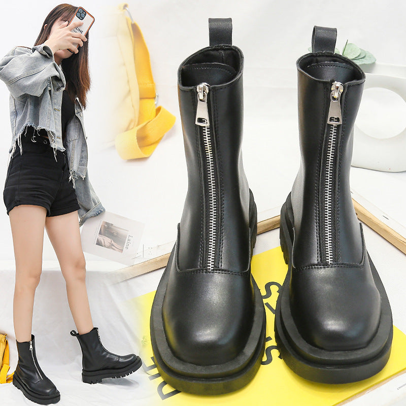 Spring And Autumn Single With Front Zipper French Short Boots