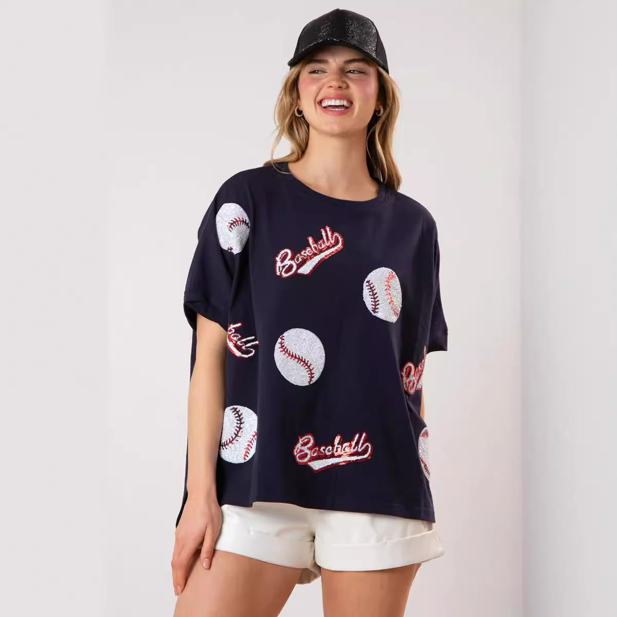 Baseball Sequined Short-sleeved Top Loose-fitting Casual T-shirt