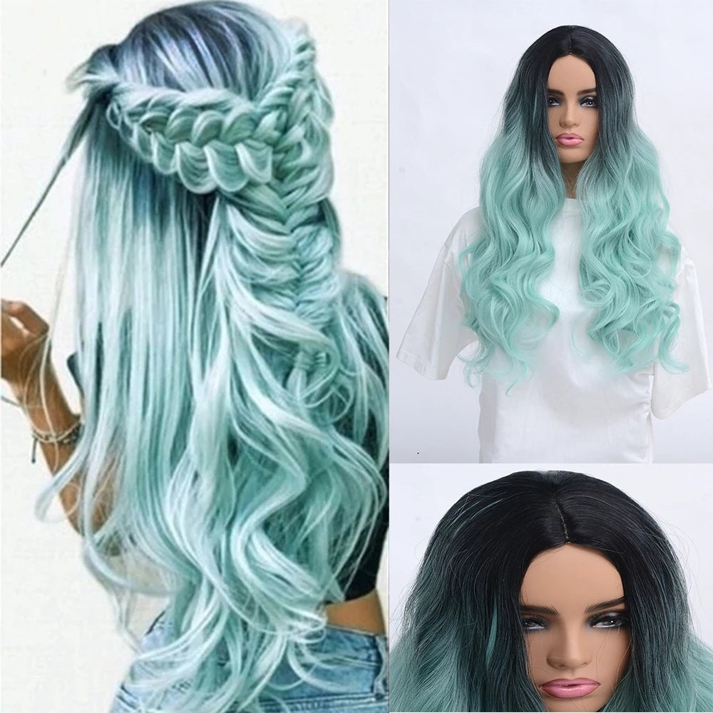 Dye Gradient Black Mint Green Split Long Curled Synthetic Fiber Wig