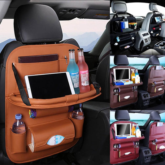 Bolsa universal multifuncional para asiento de coche con mesa plegable de cuero PU con múltiples bolsillos