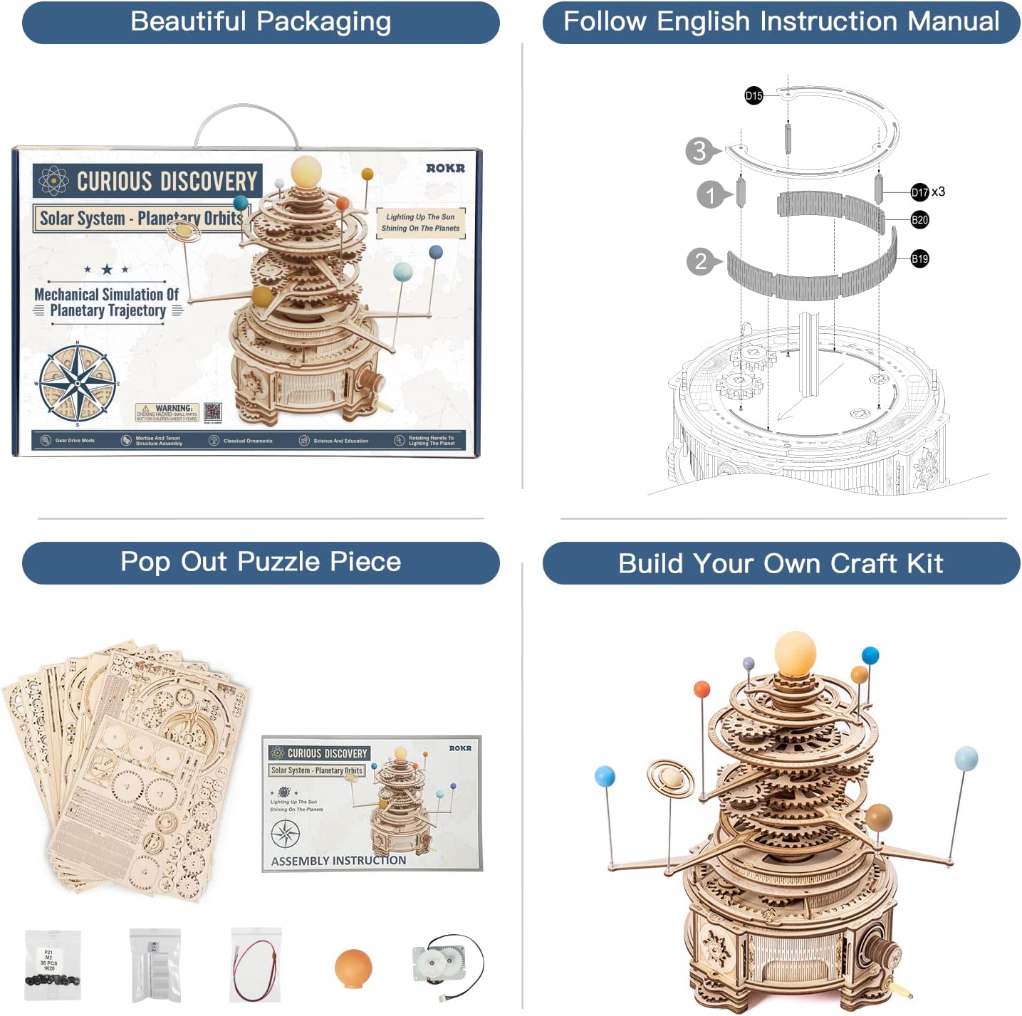 Robotime ROKR 316PCS Rotatable Mechanical Orrery 3D Wooden Puzzle Games Assemble Model Building Kits Toys Gift For Children Boys