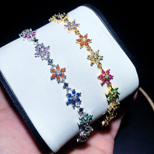 Cadena de circón de color dorado Nueva pulsera de flores coloridas