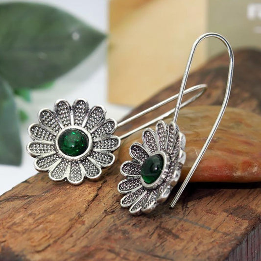 Ancient Silver Lotus Emerald Earrings