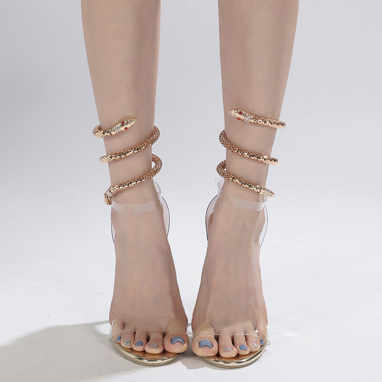 Sandalias de tacón alto con diamantes de imitación, con forma de serpiente, punta redonda, transparentes, talla grande, tacones altos para mujer