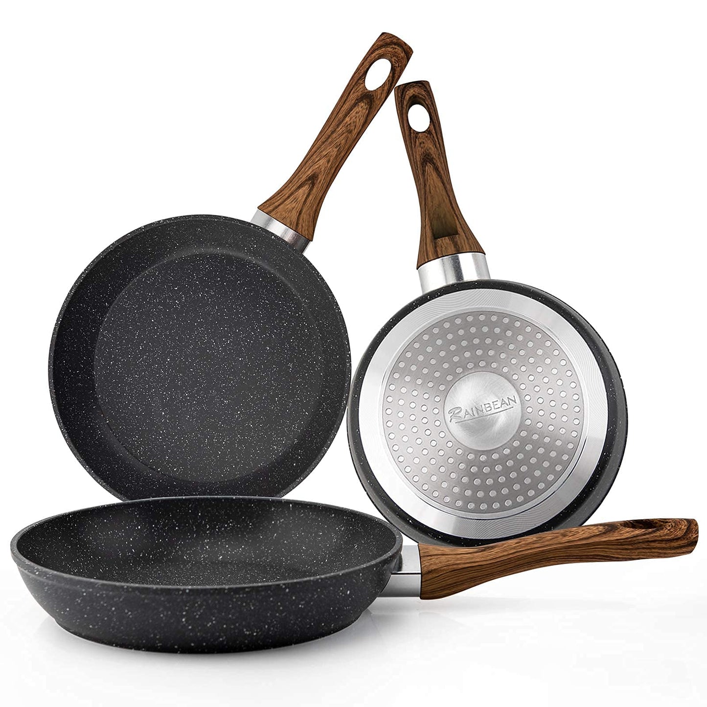 Frying Pan Set 3-Piece Nonstick Saucepan Woks Cookware Set,Heat-Resistant Ergonomic Wood Effect Bakelite Handle Design,PFOA Free