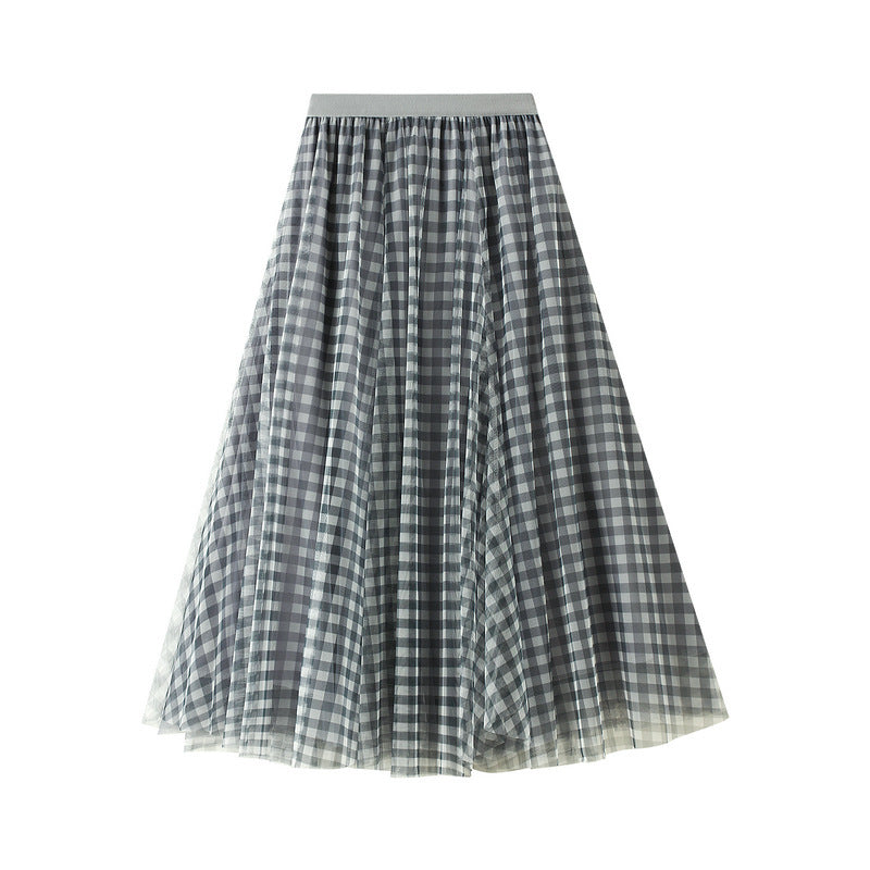 Women's Retro Contrast Color Check Tulle Skirt