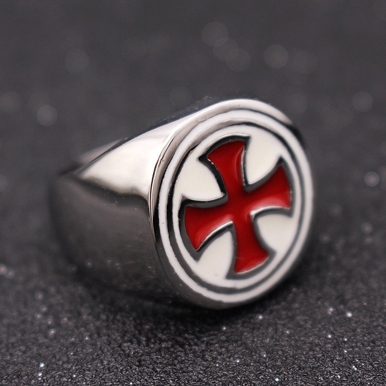 Anillo retro de acero de titanio para hombre con cruz de goteo roja