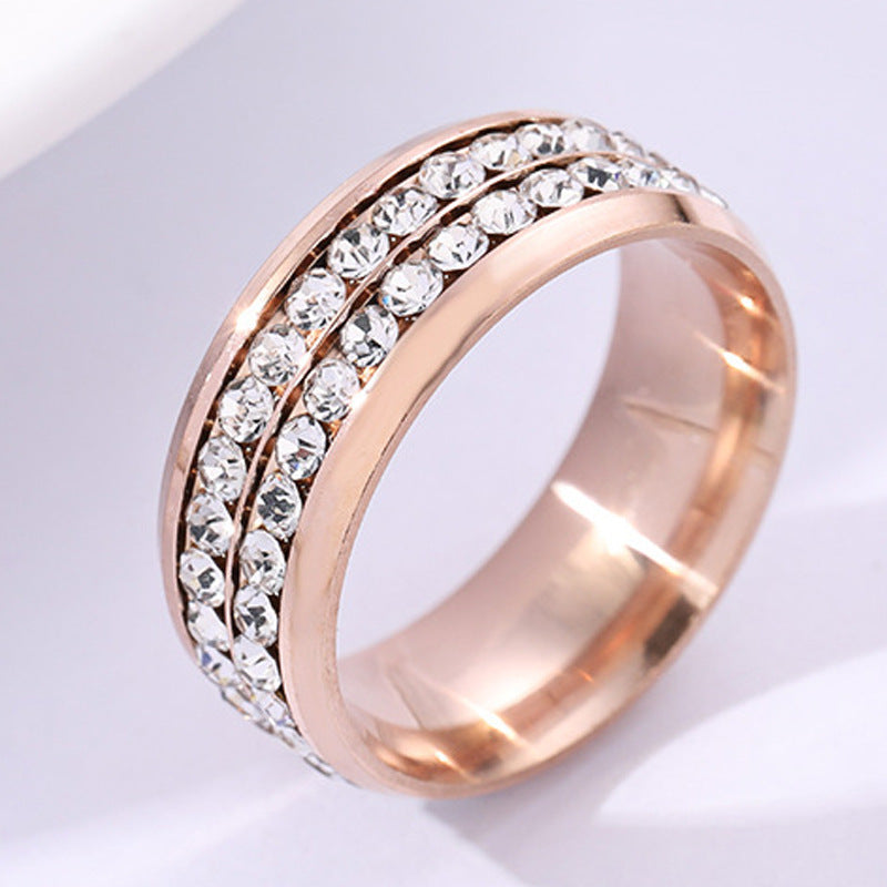 Diamond Ring Stainless Steel Jewelry Double Row Perimeter Diamond