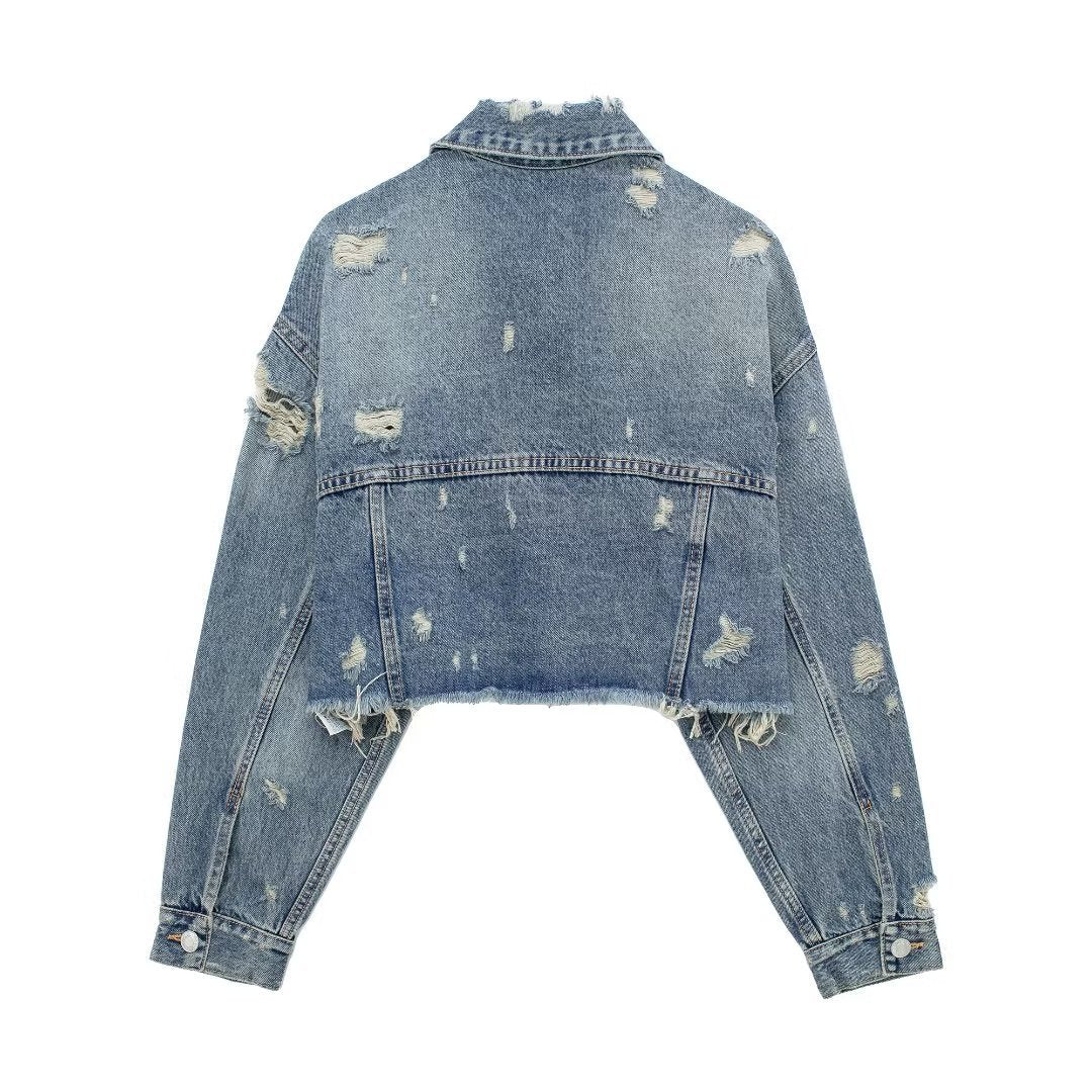 Denim Perforated Hole Decoration Short Jacket