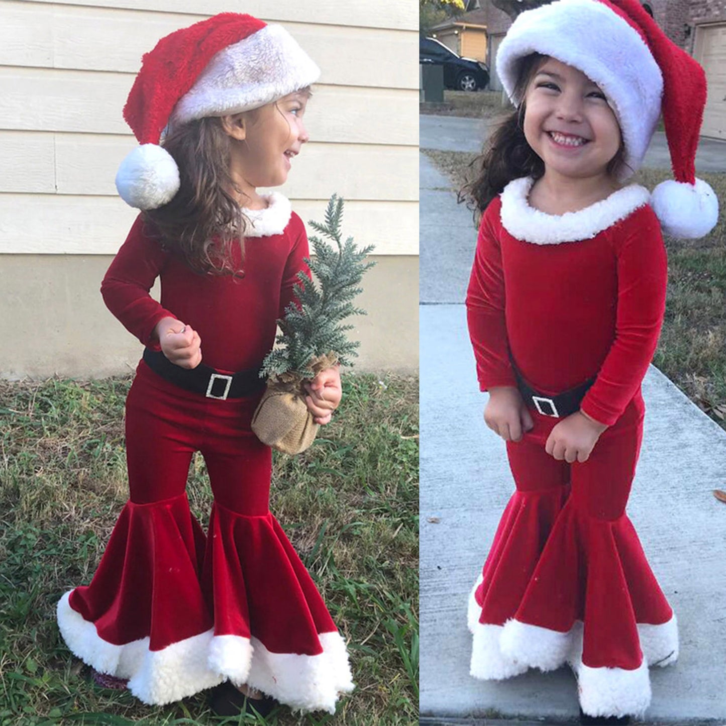 Invierno Navidad camisa de manga larga Bell Bottoms sombrero ropa de tres piezas para niños