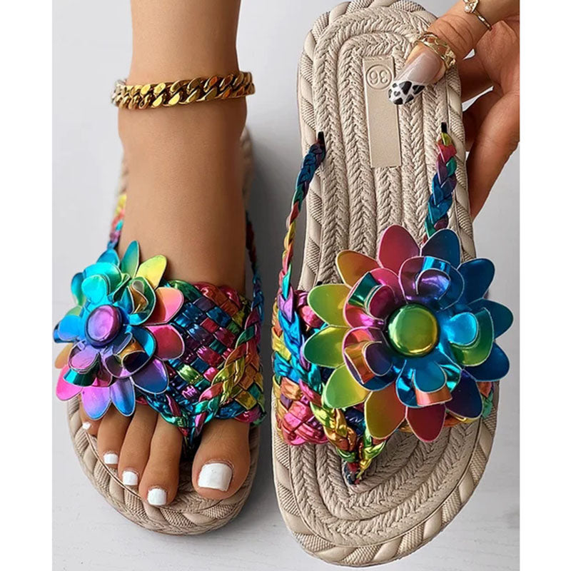 Chanclas de playa estampadas tejidas para vacaciones planas de zapatos casuales de moda para mujer