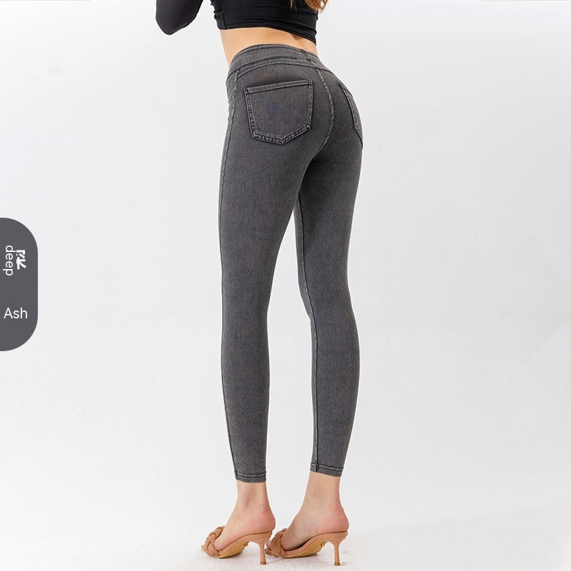 Pantalones de yoga de mezclilla Pantalones casuales ajustados deportivos de bolsillo adelgazante de cintura alta para mujer