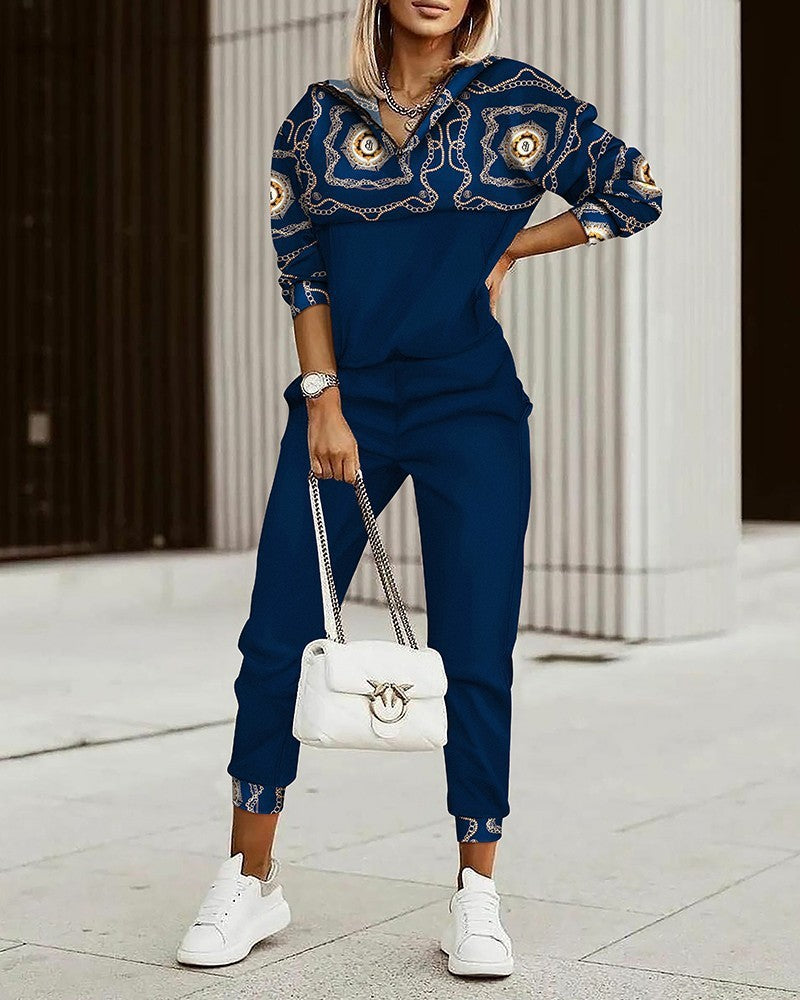 Women's  Commuter Top Printed Trousers Zipper Fashion Suit