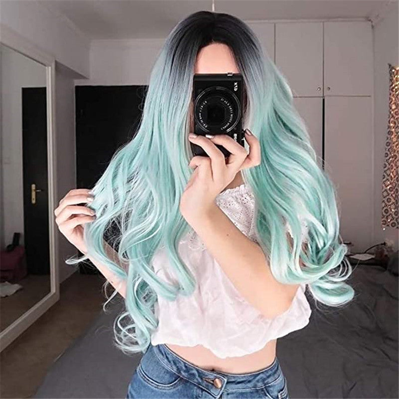 Dye Gradient Black Mint Green Split Long Curled Synthetic Fiber Wig