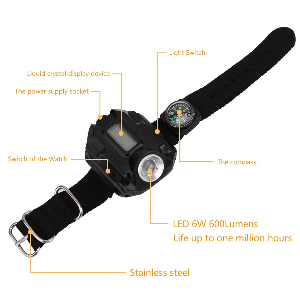 LED watch flashlight flashlight portable light USB charging 4 mode light tactical flashlight time display with compass