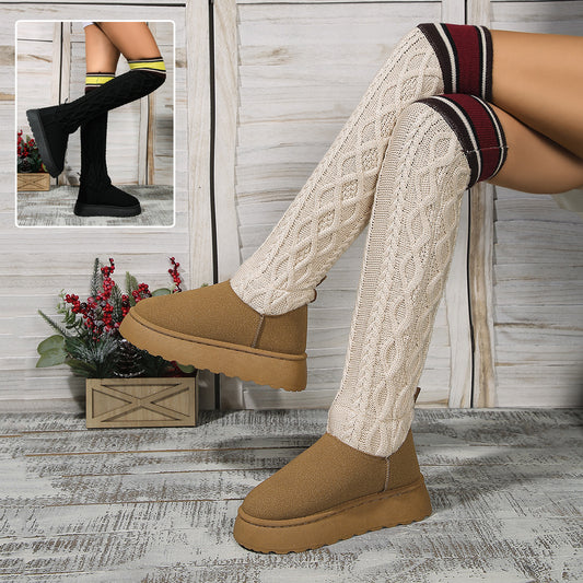 Winter Over-the-knee Boots With Long Knitted Sock Design Fashion Flat Thick-soled Shoes For Women Casual Warm Long Boot