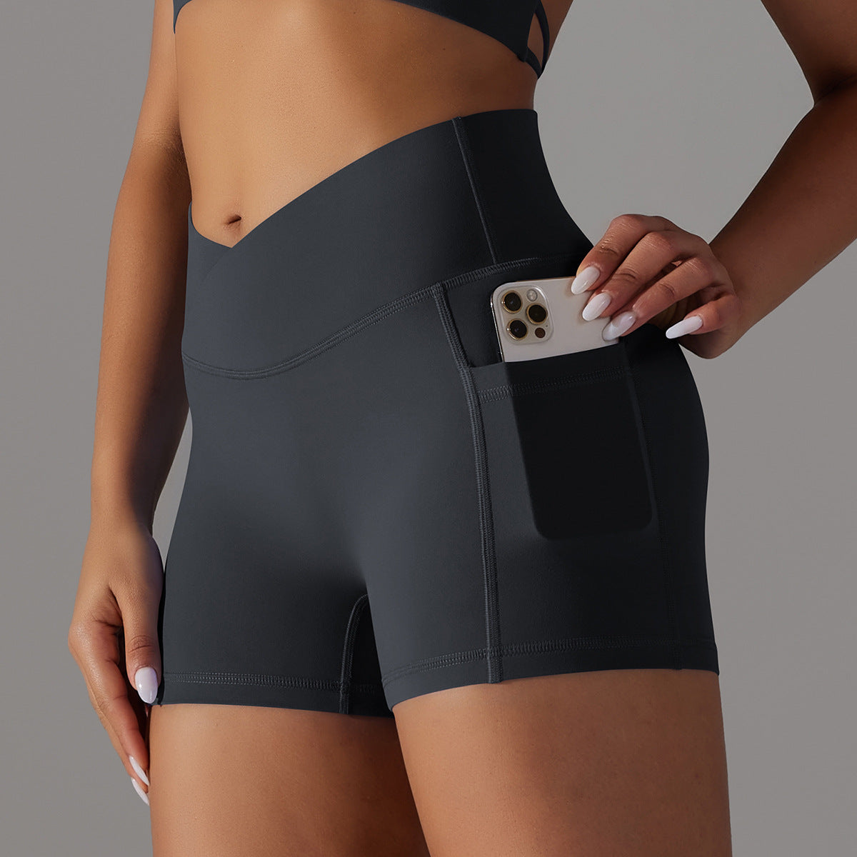 Pantalones cortos de yoga con diseño de bolsillo para teléfono, pantalones deportivos de fitness para ropa de mujer