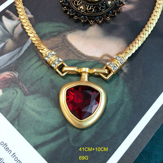 Electroplated Gold Rose Red Chinese Red Green Triangle Shape Temperament Wild Necklace Ear Clip Set